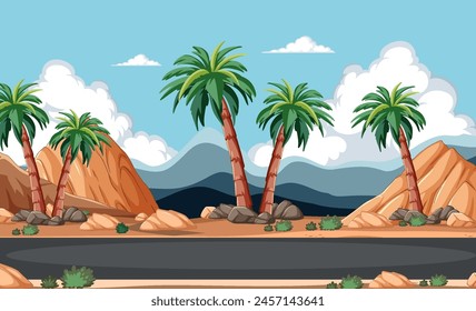 Palm trees and rocks by a desert road.
