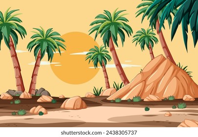 Palm trees and rocks under a setting sun