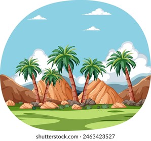 Palm trees in a rocky desert setting
