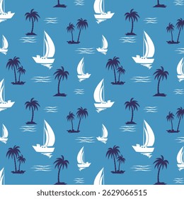 Palm trees and sailboats.Stylized palm trees and sailboats on a blue background in a vector seamless pattern.
