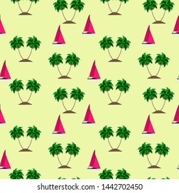 Palm trees sailing boat Seamless pattern