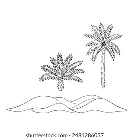 Palm trees and sand dunes landscape vector illustration set. Simple line style sketch of dessert nature. Hand drawn outline drawing