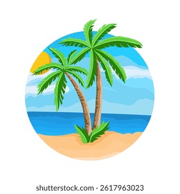 Palm trees and the sea in a circular shape. Hand-drawn vector illustration. Tropical island scene vector, palm trees, and ocean
