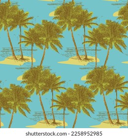 Palm trees and sea. Seamless abstract pattern. Fashion textiles, fabric, packaging.