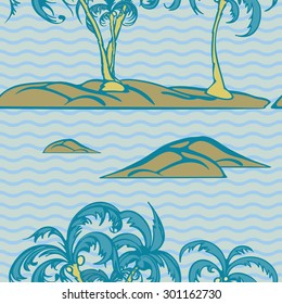 Palm trees and sea.
Seamless texture, tropical trees on the islands, drawing in cool colors.