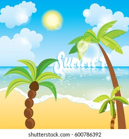 Palm trees, the sea and sky with clouds. Vector illustration. Vacation and travel.