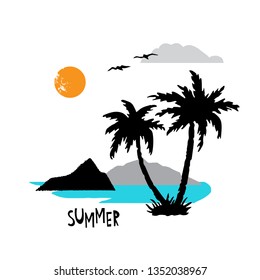 Palm trees, sea, sun, mountains, cloud, birds. Landscape hand drawn isolated on white background. Handwriting text summer 