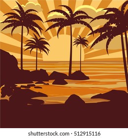 Palm trees with sea, sunset vector illustration