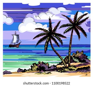 Palm trees and sea vector color sketch. Evening beach. Two lonely palms on the shore. Coconuts. Clouds and a sailboat horizon.
