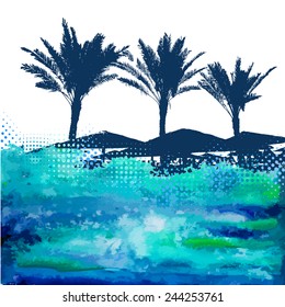 Palm trees and sea wave. Vector