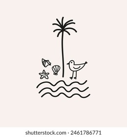 Palm trees, seagull, shells  card boho design. Linear sketch in minimal style marine motif. Template for logo, templates in trendy Bohemian minimalist style. Abstract sign, design card