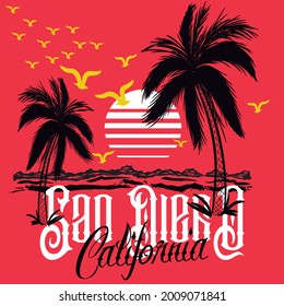 palm trees and seagulls and text san diego california with red background