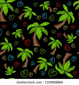 Palm trees, seamless color pattern, hand drawing, doodle, vector illustration