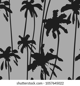 Palm trees seamless pattern background with tropical banana leaves silhouettes. Botanical vector. Floral wallpaper. Exotic summer design for swimwear, t-shirt, fabric and web. 