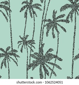 Palm trees seamless pattern background with dotted tropical banana leaves silhouettes. Botanical stipple vector. Floral dot art wallpaper. Exotic summer design for swimwear, t-shirt, fabric and web. 