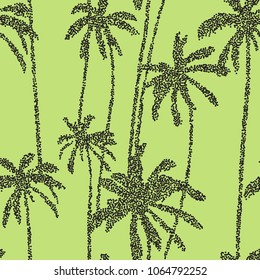 Palm trees seamless pattern background with dotted tropical banana leaves silhouettes. Botanical stipple vector. Floral dot art wallpaper. Exotic summer design for swimwear, t-shirt, fabric and web.