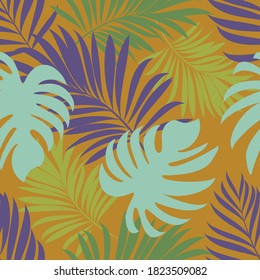 Palm trees. Seamless pattern with branches and leaves of tropical plants. Vector image.