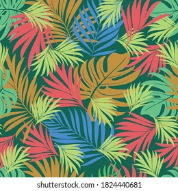 Palm trees. Seamless pattern with branches and leaves of tropical plants.