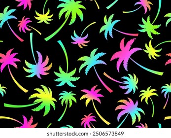 Patrón sin fisuras de palmeras. Coloridas palmeras degradadas. Fondo con patrón tropical de palmeras. Hora de verano. Diseño para Fondos de pantalla, Anuncios y artículos promocionales. Ilustración vectorial