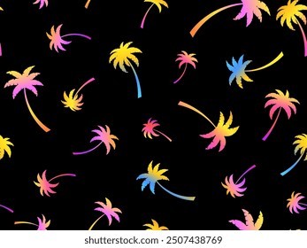 Palm trees seamless pattern. Colorful gradient palm trees. Background with tropical pattern of palm trees. Summer time. Design for wallpapers, banners and promotional items. Vector illustration
