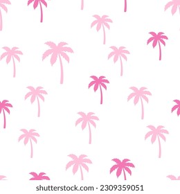 palm trees seamless pattern, cute colored background with pink coconut palm trees on white, vector illustration in flat style