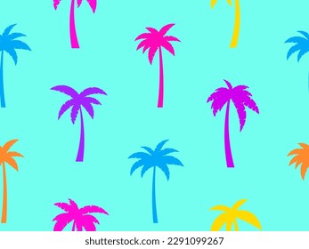 Patrón de palmeras sin costura. Tiempo de verano, patrón tropical con coloridas palmeras. Diseño para imprimir camisetas, pancartas y artículos promocionales. Ilustración del vector