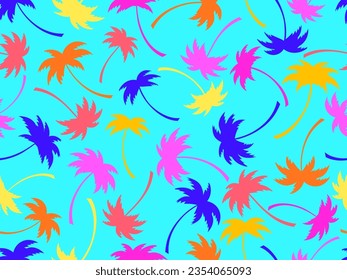 Palm trees seamless pattern. Summer time, tropical pattern with colorful palm trees. Design for printing t-shirts, banners and promotional items. Vector illustration