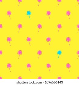 Palm trees seamless pattern. Tropical summer background. Pink blue palm on yellow background. Exotic seamless pattern with palm. Vector EPS10