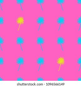 Palm trees seamless pattern. Tropical summer background. Yellow blue palm on pink background. Exotic seamless pattern with palm. Vector EPS10