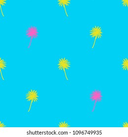 Palm trees seamless pattern. Tropical summer background. Yellow pink palm on blue background. Exotic seamless pattern with palm. Vector EPS10