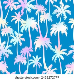 Palm trees seamless pattern. Vector holographic tropical jungle texture on blue background. Abstract gradient palm silhouettes summer print for textile, exotic wallpapers, wrapping, fabric.