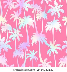 Palm trees seamless pattern. Vector holographic tropical jungle texture on blue background. Abstract gradient palm silhouettes summer print for textile, exotic wallpapers, wrapping, fabric.