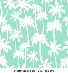 Palm trees seamless pattern. Vector white tropical jungle texture on green background. Abstract palm silhouettes summer print for textile, exotic wallpapers, wrapping, fabric.