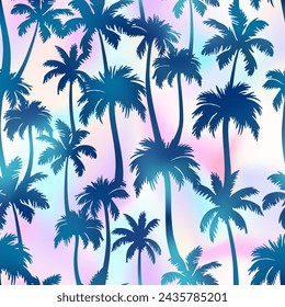 Palm trees seamless pattern. Vector dark blue tropical jungle texture on holographic background. Abstract gradient palm silhouettes summer print for textile, exotic wallpapers, wrapping, fabric.