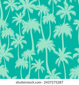 Palm trees seamless pattern. Vector turquoise tropical jungle texture on green background. Abstract palm silhouettes summer print for textile, exotic wallpapers, wrapping, fabricю