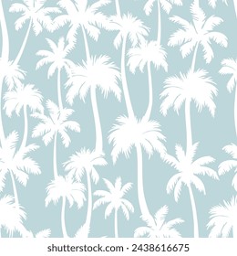 Palmeras sin patrón. Vector de textura de la selva tropical blanca sobre fondo gris. Siluetas de palma abstractas estampado de verano para textil, fondos de pantalla exóticos, envoltura, tela