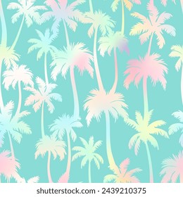 Palm trees seamless pattern. Vector holographic tropical jungle texture on green background. Abstract gradient palm silhouettes summer print for textile, exotic wallpapers, wrapping, fabric.