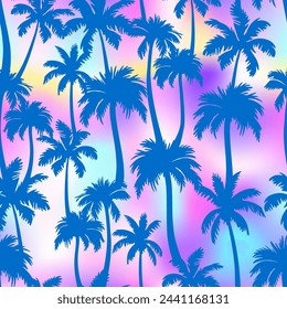 Palm trees seamless pattern. Vector blue tropical jungle texture on rainbow holographic gradient background. Abstract palm silhouettes summer print for textile, exotic wallpapers, wrapping, fabric.