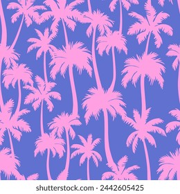 Palm trees seamless pattern. Vector pink tropical jungle texture on blue background. Abstract dark palm silhouettes summer print for textile, exotic wallpapers, wrapping, fabric.