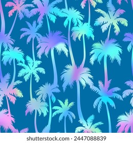 Palm trees seamless pattern. Vector neon tropical jungle texture on blue background. Abstract holographic gradient palm silhouettes summer print for textile, exotic wallpapers, wrapping, fabric.