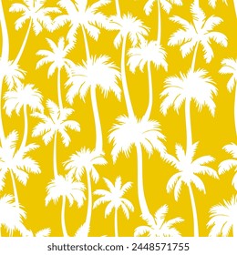 Palm trees seamless pattern. Vector white tropical jungle texture on yellow background. Abstract palm silhouettes summer sunny print for textile, exotic wallpapers, wrapping, fabric.