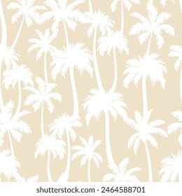 Palm trees seamless pattern. Vector white tropical jungle texture on beige background. Abstract palm silhouettes summer pastel print for textile, exotic wallpapers, wrapping, fabric.