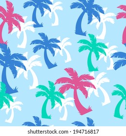 Palm trees seamless tropical pattern - blue,green and pink colors.