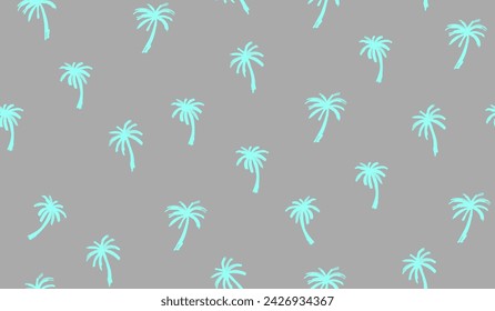 Palm Trees Seamless Vector Pattern. Neon Blue Tropical Trees Print on a Gray Background.  Childish Drawing-like Aloha Party Endless Design. Light Blue Hand Drawn Palms Repeatable Motif. RGB. 