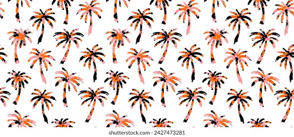 Palm Trees Seamless Vector Pattern. Orange-Black Tropical Trees Print on a White Background. Freehand Drawing-like Aloha Party Endless Design. Hand Drawn Palms Repeatable Motif. RGB Vibrant Colors.