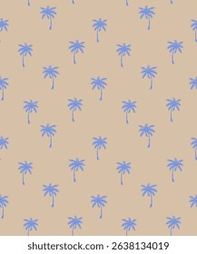 Palm Trees Seamless Vector Pattern. Blue-beige Tropical Forest Wallpaper. Childish Drawing-like Jungle Print. Blue Hand Drawn Palms Isolated on a Dusty Beige Background. Exotic Floral Design. RGB.