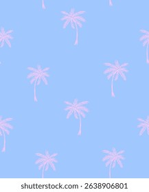 Palm Trees Seamless Vector Pattern. Pink-blue Tropical Forest Wallpaper. Childish Drawing-like Jungle Print. Pink Hand Drawn Palms Isolated on a Blue Background. Exotic Floral Design. RGB.