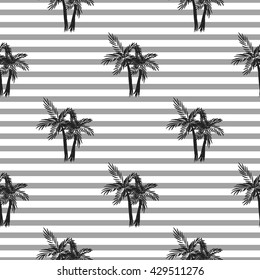 Palm trees seamless vector pattern. Tropical beach summer palms pattern on grey stripes for textile fabric, cards background and scrapbooking.