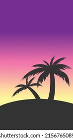 Las palmeras brillan al atardecer. Por la noche en la playa con el cielo rosado de verano y la sombra de los cocoteros. Palmeras tropicales en la isla. Ilustración del vector