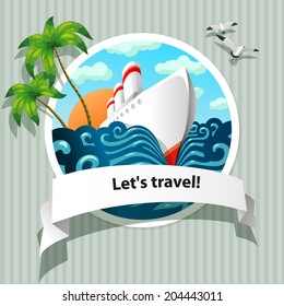 Palm trees and a ship sailing on the sea.